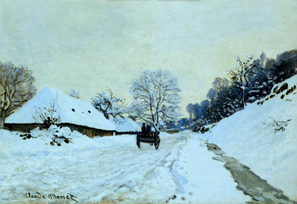 Cart on the Snow Covered Road with Saint-Simeon Farm, 1865 - Claude Monet Paintings